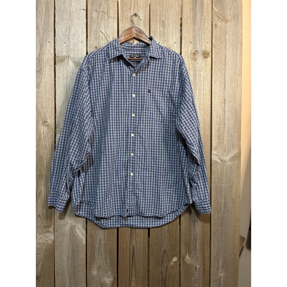 Polo Jeans Co Ralph Lauren Mens Blue White Plaid Button Down Shirt Flag Logo L